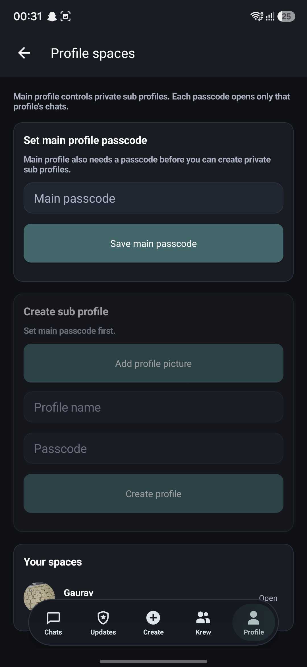 Krew profile spaces screen