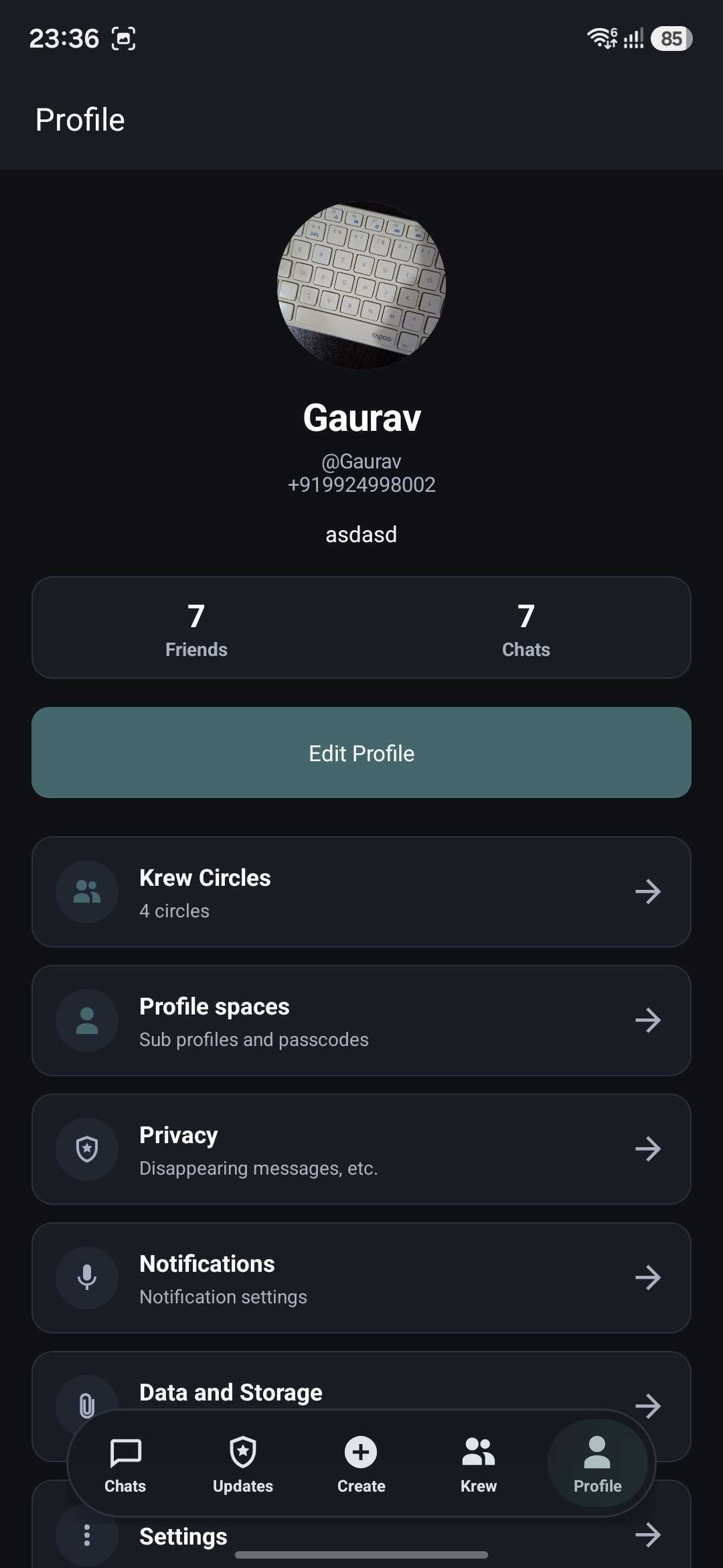 Krew passcode profile spaces screen
