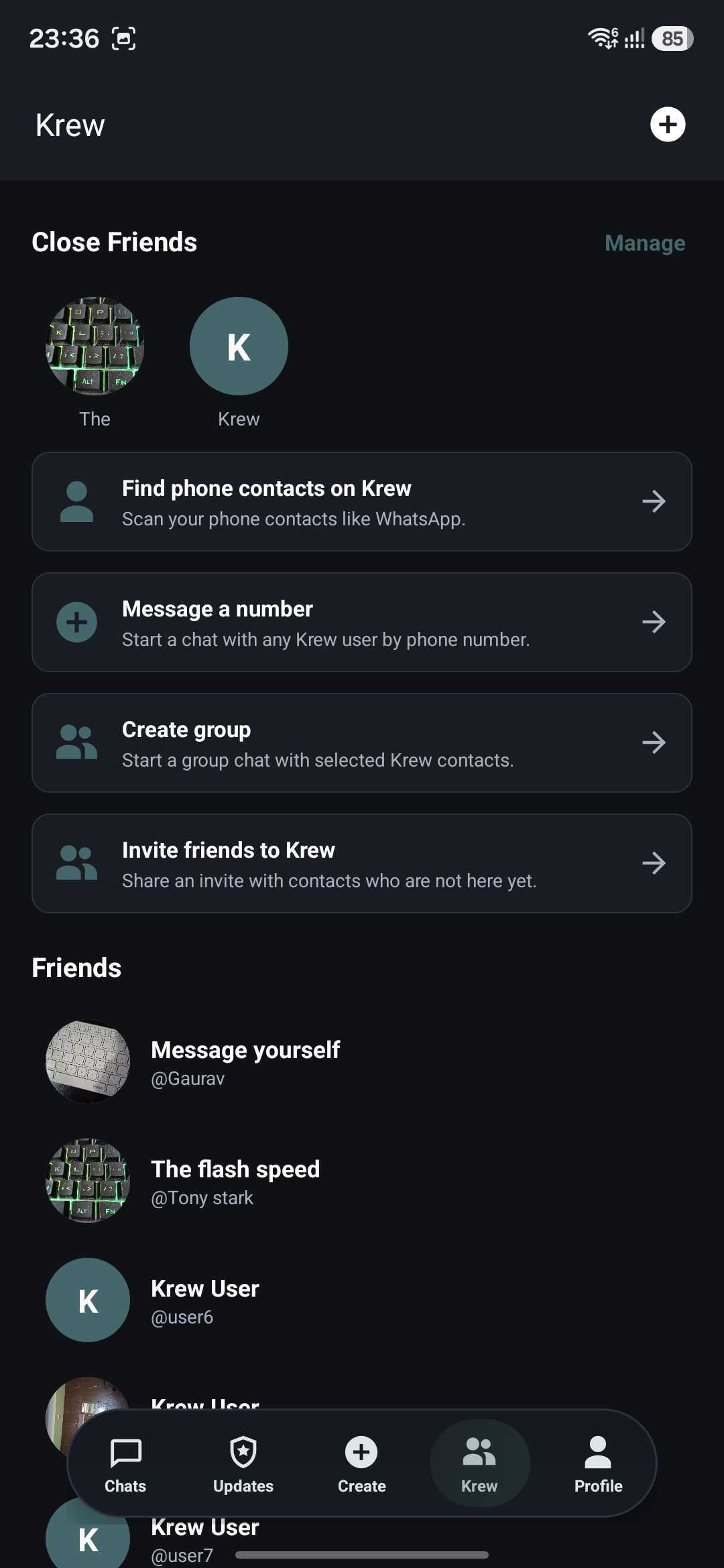 Krew user profile and privacy options