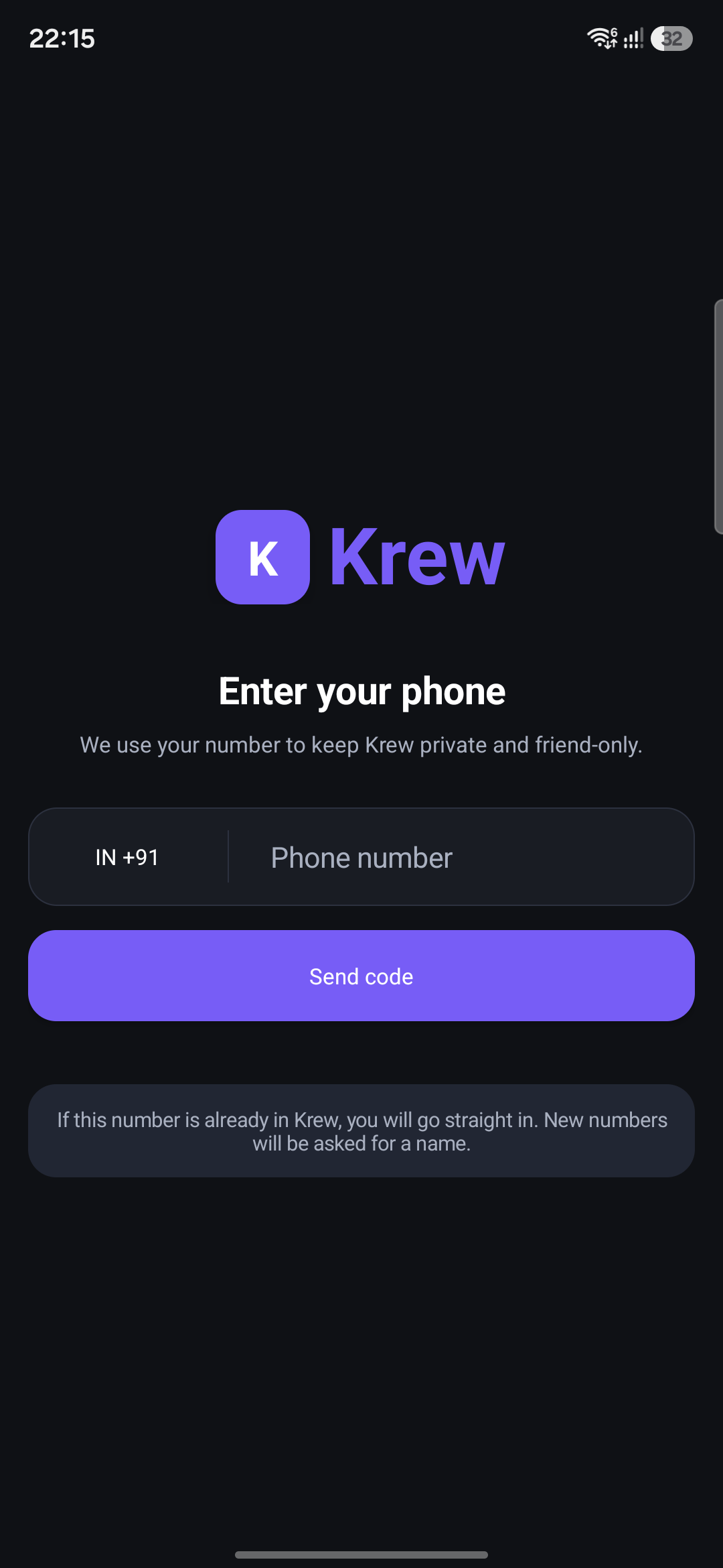Krew sign in screen